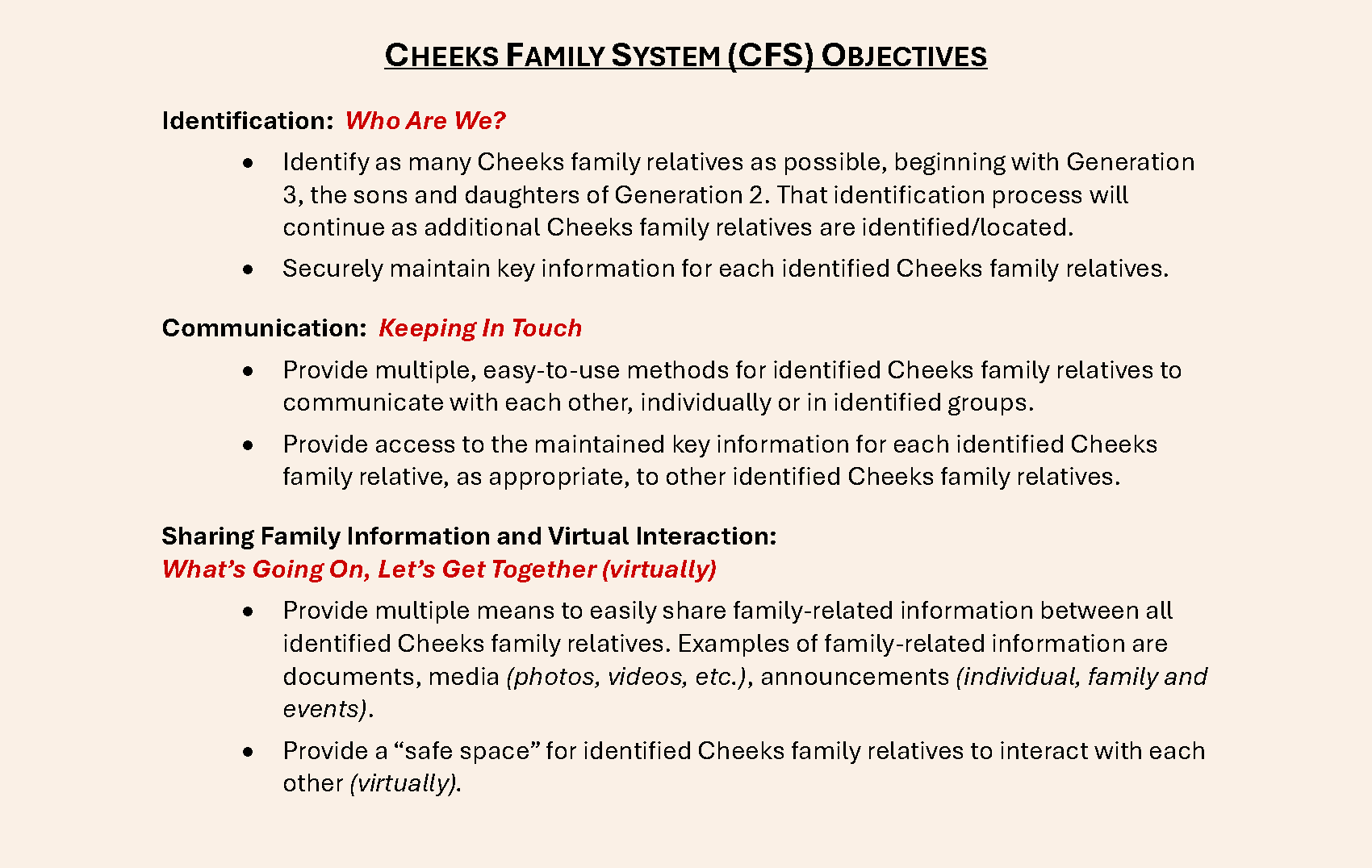 Cheeks Family System (CFS) Objectives